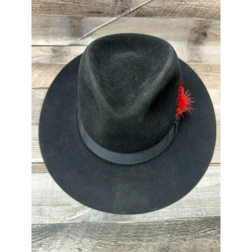 Millers Cowboy Hat Made by Imperial‎ Stetson Black Leather Red Feather Sz 7 1/8